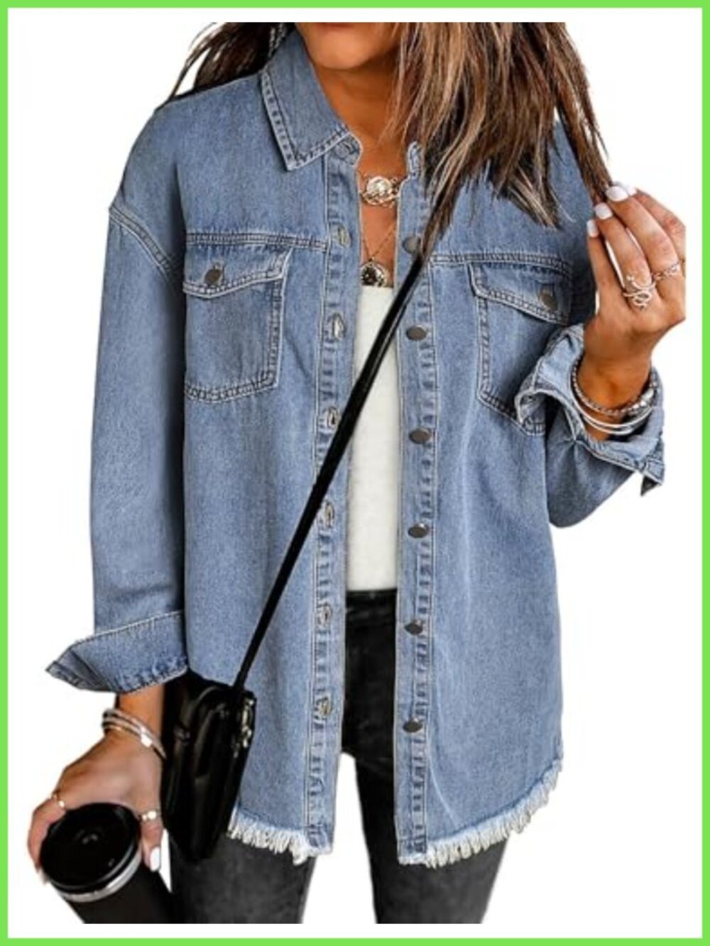 Oversized Button Down Denim Jacket Long Sleeve Frayed Hem Casual Shacket